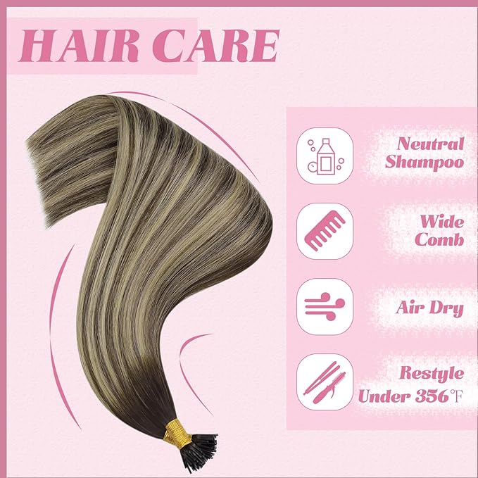 YoungSee I Tips Hair Extensions Real Human Hair Balayage Itip Hair Extensions Human Hair Brown Ombre Dark Brown with Ash Blonde I Tip Extension 20In I-Tip Human Hair Extension 50g 50s