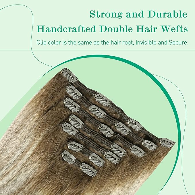 SURNEL Clip in Human Hair Extensions Balayage Clip in Hair Extensions 20 Inch 7pcs 160g Walnut Brown to Ash Brown and Golden Blonde Real Human Hair(7C#3/8/22-20'')