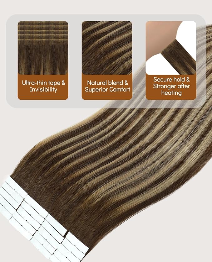 VINBAO Invisi Edge Seamless Tape in Hair Extensions Human Hair 18in 50g 20pcs Chocolate Brown to Caramel Blonde Balayage Injected Tape-ins Extensions Natural Look 18inch #4/27/4