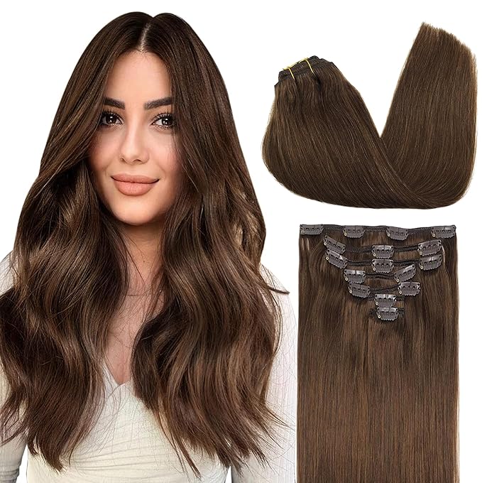 GOO GOO Clip in Hair Extensions Real Human Hair, Remy Human Hair Extensions Clip ins for Women, Natural Human Hair, 26inch 180g 7Pcs, #4A Chocolate Brown