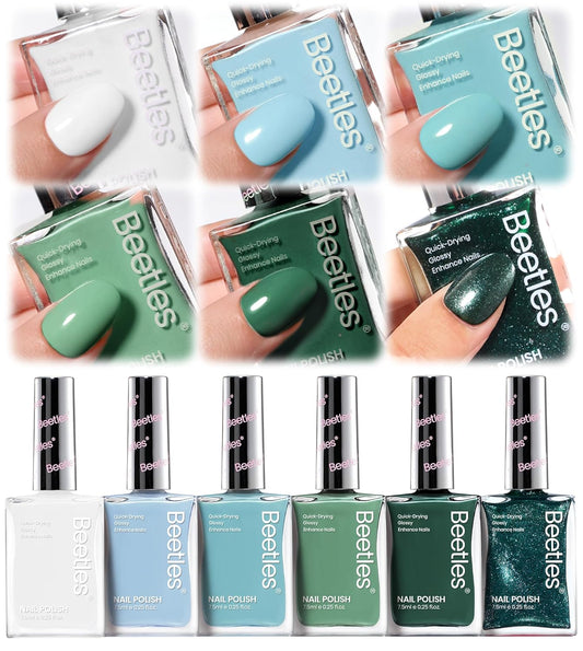 Beetles Green Nail Polish Set P181, 6 Colors Blue White Nail Polish Set, Green Collection Quick Dry Long Lasting Manicure Patricks Day DIY Nail Art Salon Home Gift For Women