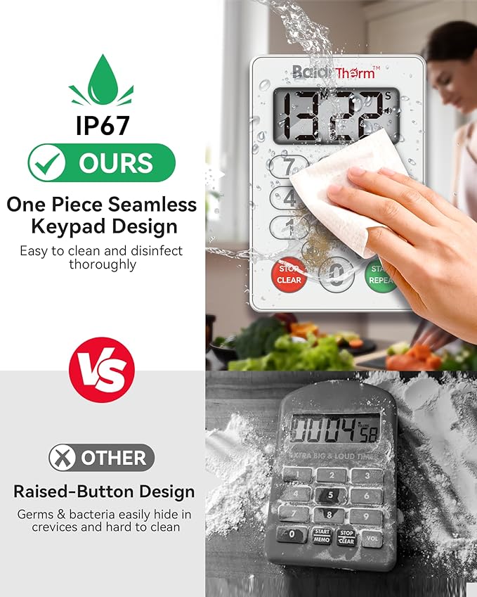 BaldrTherm Digital Kitchen Timer, Magnetic Waterproof Countdown Timer for Cooking, Shower, Workout, Classroom, Hair Color Processing, White.