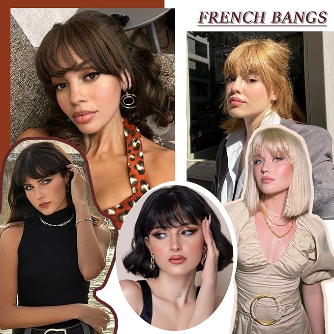 Clip in Bangs Real Human Hair Dark Brown French Bangs Fringe with Temples Thick Curtain Bangs Clip on Bangs Curved Fake Bangs Hairpieces for Women for Daily Wear