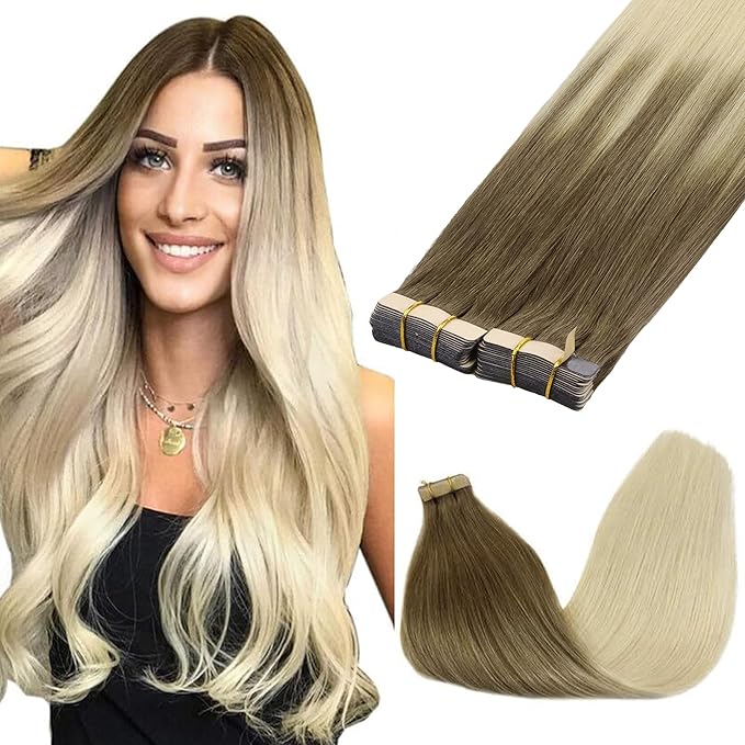 GOO GOO Tape in Hair Extensions Human Hair, 9/60 Balayage Ash Brown to Platinum Blonde, 20inch 100g 40pcs, Skin Weft Seamless Invisible, Silky Straight with Thick Ends, Remy Human Hair