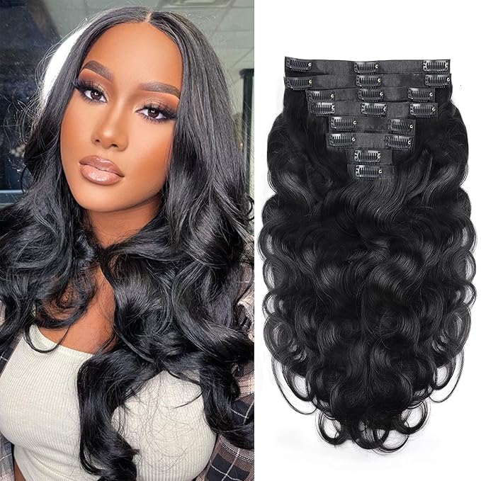Seamless Body Wave PU Clip In Hair Extensions Real Human Hair Invisible PU Weft Clip Ins 100% Unprocessed Human Hair Extensions 8pcs with 18Clips Per Set 120g(26inch,Natural Black)