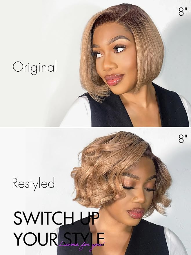 LUVME HAIR 8 Inch Ash Blonde Blunt Cut Bob Wig Human Hair Pre Cut Glueless HD Lace Closure Wig Mature Boss Side Parted Ombre Straight Short Wig