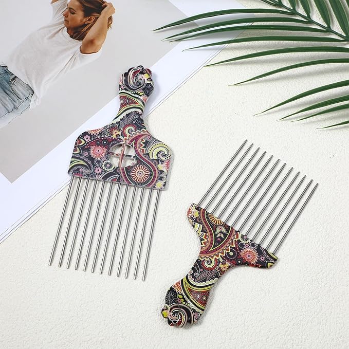 2 Pack Professional Stainless Steel Afro Pick Combs, Wide Tooth Metal Hair Picks for Curly Afro Braid Detangling Styling Women Men