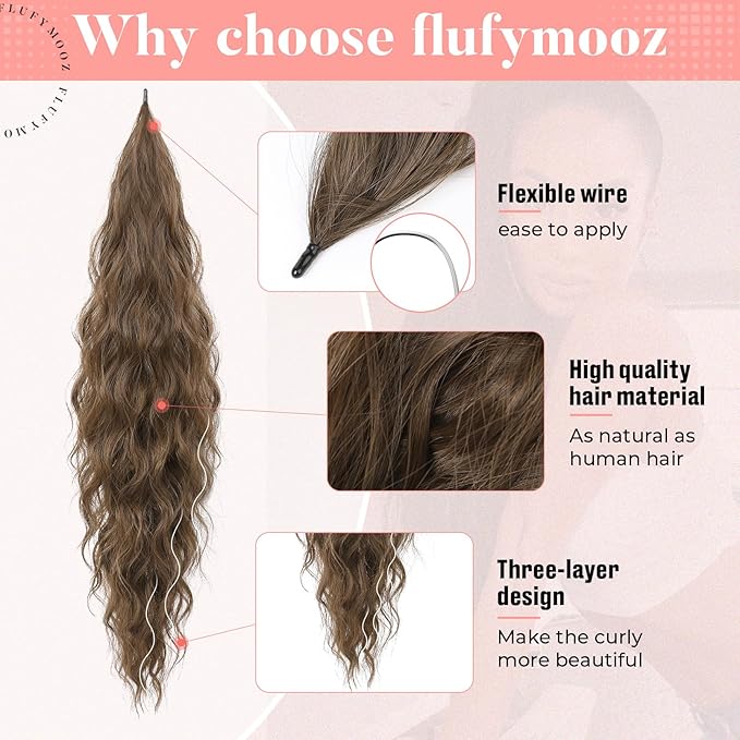 Flufymooz Ponytail Extension, Flexible Wrap Around Ponytail Extension Long Wavy Curly Ponytail Hair Extensions Natural pony tail Synthetic Hairpiece for Women 26 Inch ((Light Brown)