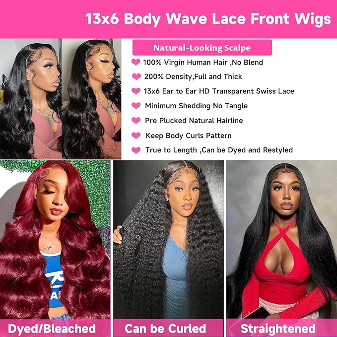 200% Density HD Lace Front Wigs Human Hair 22 Inch 13x6 Body Wave Lace Front Wigs Human Hair Glueless Frontal Wigs Pre Plucked with Natural Hairline Body Wave Wigs for Black Women