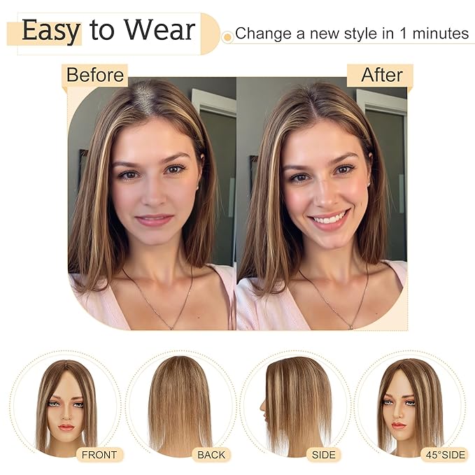 SEGO Hair Toppers for Women Real Human Hair, 7 * 13CM Silk Base 100% Remy Clip in Top Wiglet Hairpieces, Top Pieces Add Volume -12 Inch 4T4P27