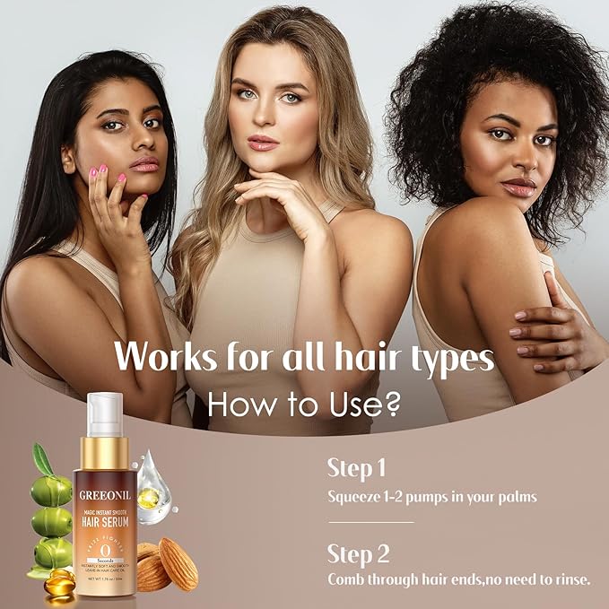 Hair Serum for Frizz Hair - Anti Frizz Serum Hydration and Shine and Gloss Treatment with Marula Oil, Squalane, Vitamin E, Olive, Leave-In, For All Hair Types, 1.76 Fl Oz