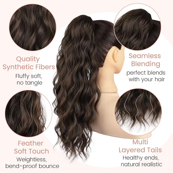 Claw Clip Ponytail Extension 18 Inch Curly Wavy Ponytail Extension Jaw Clip on Pony Tails Hairpiece for Women Fluffy Natural Synthetic for Daily Use (Dark Chestnut Brown)