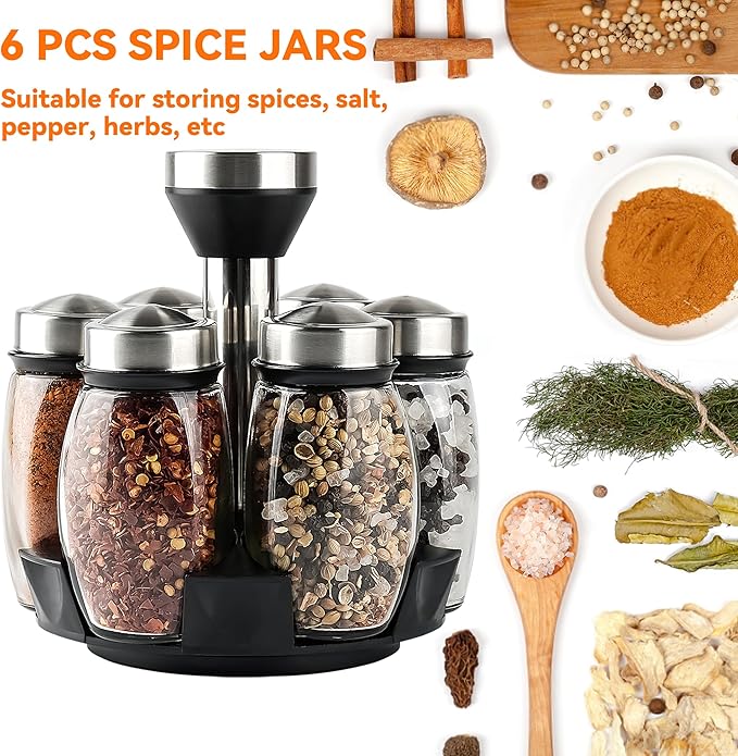 Mlici 6PC Spinning Glass Spice Jars - 360° Rotating Spice Rack Organizer with Jars, Stainless Steel Revolving Seasoning Holder Jars for Countertop Cabinet Kitchen Spices Cruets