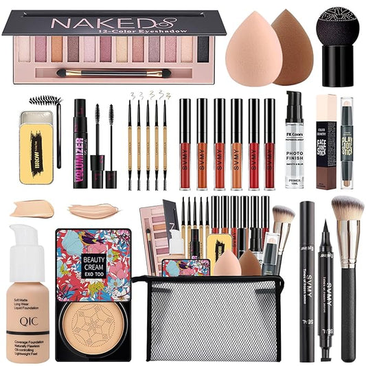 All in One Makeup Kit,Includes Naked Eyeshadow,CC Cream,Liquid Foundation,Lipstick Set,Mascara,Makeup Brush,Makeup Sponge,Eyebrow Pencil,Eyebrow Soap,Eyeliner Stamp, Primer,Contour Stick,Cosmetic Bag