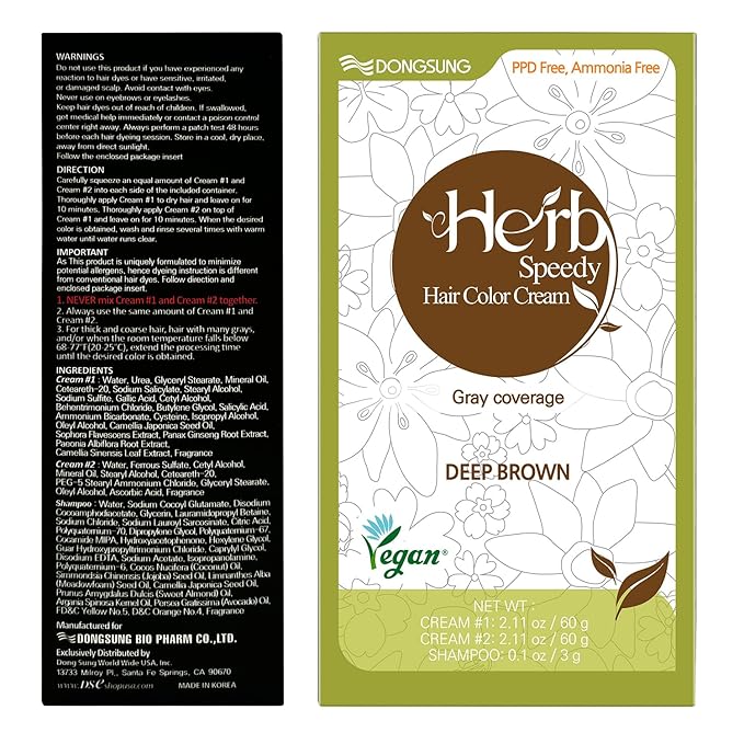 Dongsung Herb Speedy Color Cream(Deep Brown, 3Pack) Korean Herbal Vegan Hair Dye PPD-Free Ammonia-Free Hypoallergenic 100% Gray Coverage, Odorless, Dermatologically Tested, Quick 20-Minute Application