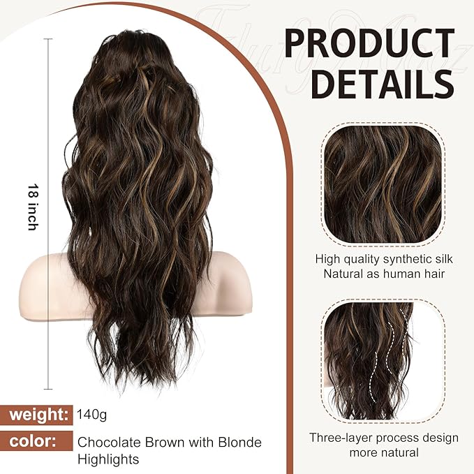 FLUFYMOOZ Ponytail Extension, 18 Inch Claw Clip Ponytail Extension, Wavy Curly Claw Clip in Ponytail Hair Extensions, Natural Fake Ponytail Synthetic Hairpiece for Women (Chocolate Brown with Blonde Highlights)