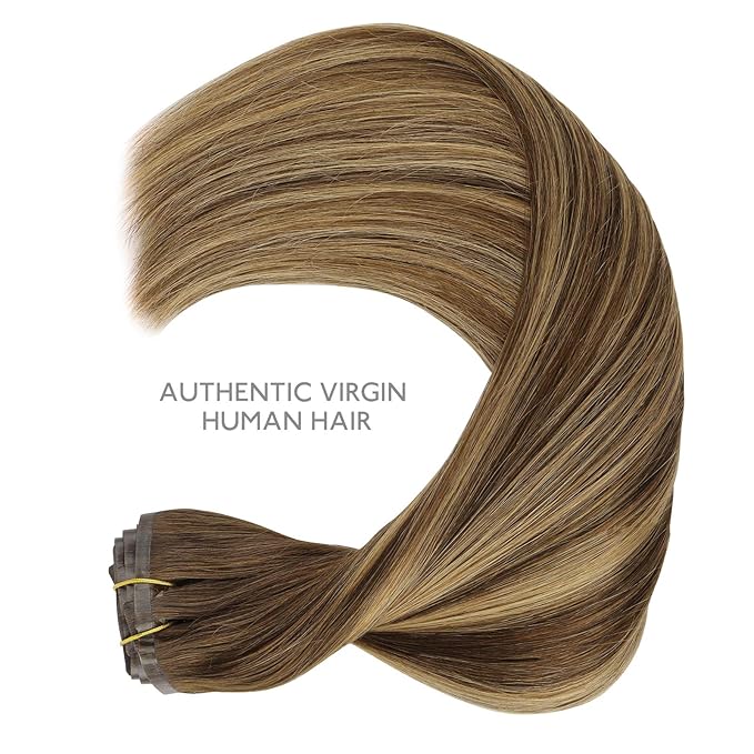 WENNALIFE Seamless Clip In Hair Extensions, 18 Inch 130g 7pcs Balayage Chocolate Brown to Caramel Blonde Hair Extensions Clip in Human Hair Invisible PU Skin Weft Natural Remy Human Hair Extensions