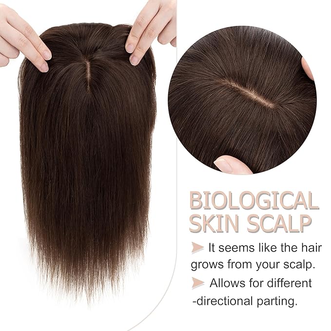 Hair Toppers for Women Real Human Hair With Bangs, 13 * 15 cm Larger Silk Base 150% Density Clip In Topper Hairpieces, Wiglet Top Pieces Add Volume /10 Inch 02 Dark Brown