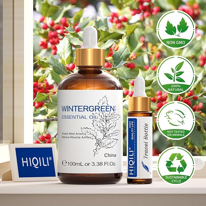 HIQILI Wintergreen Essential Oil,100% Pure Natural,for Diffuser-Inhalation Therapy - 3.38 Fl Oz