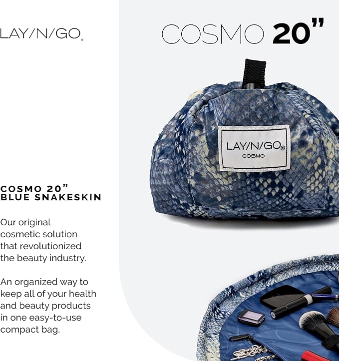 Lay-n-Go Cosmo Drawstring Cosmetic & Makeup Bag Organizer - Portable Drawstring Makeup Bag w/Zipper Pocket, Makeup Loops & More - Durable, Machine Washable Toiletry Bag (20", Blue Snakeskin)