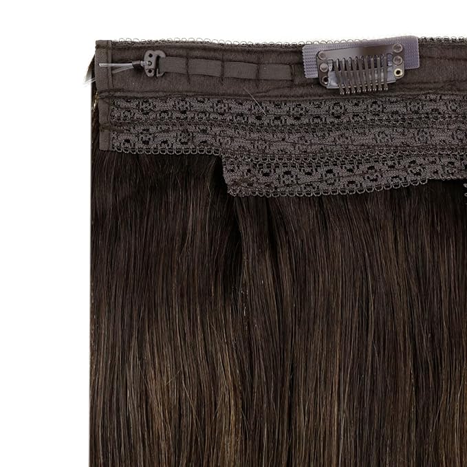 RUNATURE Wire Hair Extensions Human Hair, Invisible Fish Line Human Hair Extensions, Balayage Brown Roots Remy Hair, Real Human Hairpiece with Transparent Wire, 12 Inch 70g #2/2/6 Brown Ombre