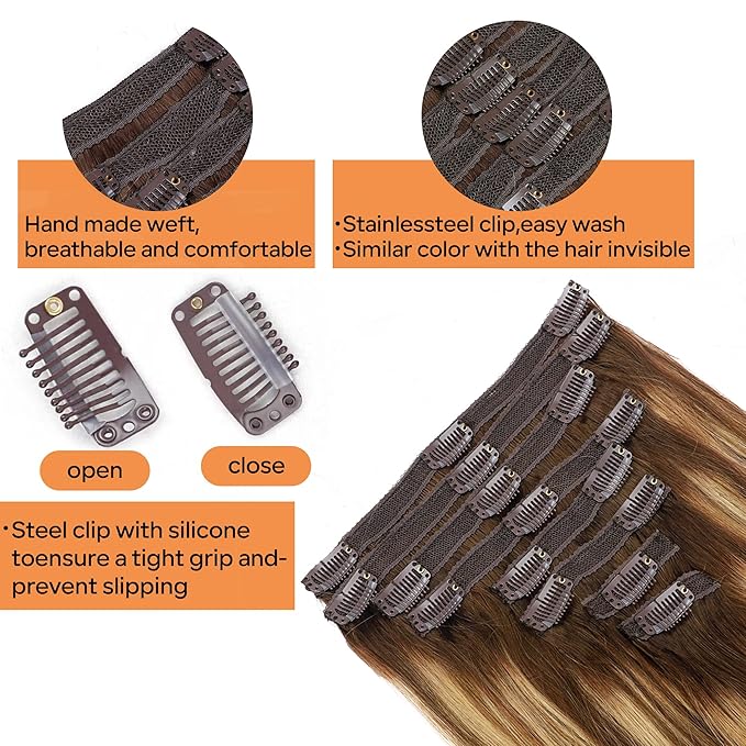 Straight Clip In Hair Extensions Real Human Hair 8Pcs Clip In Balayage Chocolate Brown to Caramel Blonde Human Hair Extensions with 18Clips Lace Weft 120g 24inch