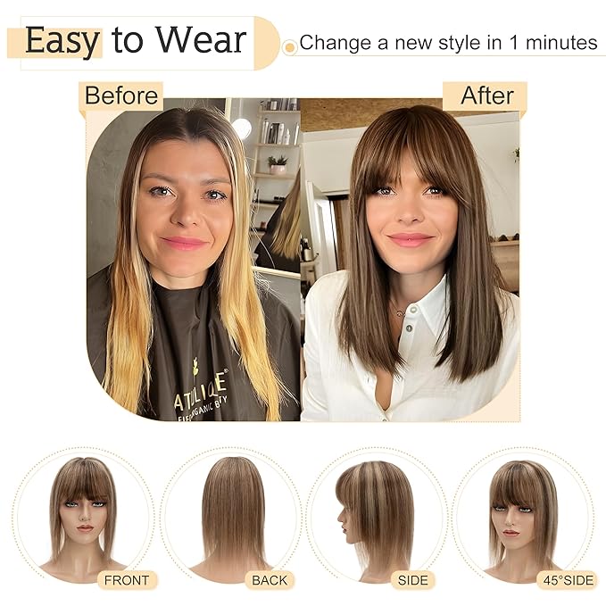 SEGO Hair Toppers for Women Real Human Hair With Bangs, 7 * 13CM Silk Base 100% Remy Human Hair Clip in Top Wiglet Hairpieces Add Volume -12 Inch Medium Brown&Dark Blonde