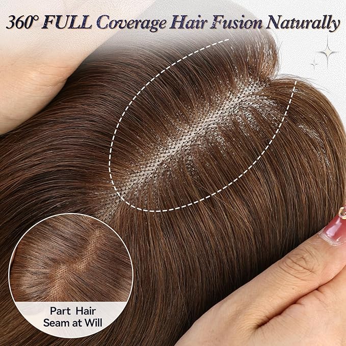 starluck Human Hair Toppers for Women with Thinning Hair, 14 Inch Real Hair Topper, 4.6x4 Inch SilkHug Swiss Lace Base Hairpiece, With Bangs (Brown)
