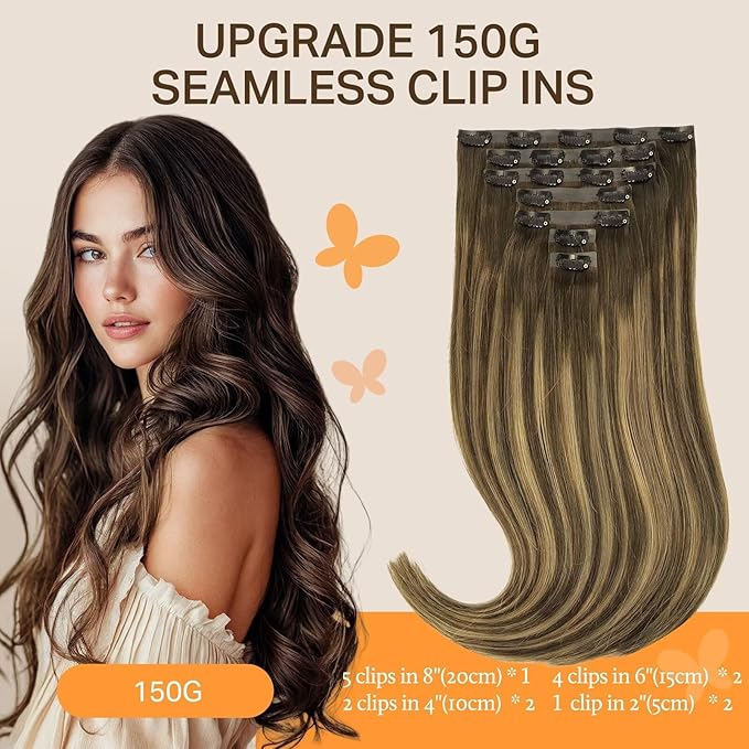 DOORES Clip in Hair Extensions, Chocolate Brown to Caramel Blonde 150g 7pcs 20 Inch Virgin Straight Human Hair Extensions for Women