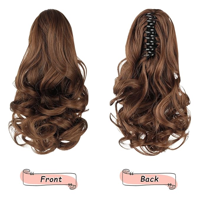 Ponytail Extension, Clip on Ponytails for Women, 12" Claw Clip in Short Curly Wavy Pony Hair Extension for Women - Light Golden Brown
