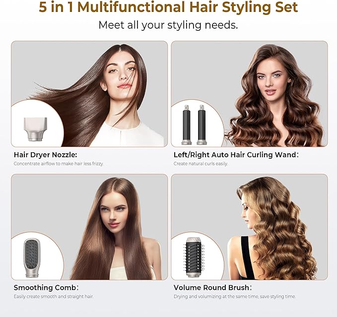 Hair Dryer Brush 5 in 1, Blow Dryer Brush Set with Air Curler Wrap Hair Styler, Negative Ionic Blow Dry Brush, Detachable Hair Tool for Curling, Volumizer,Straightener,Drying