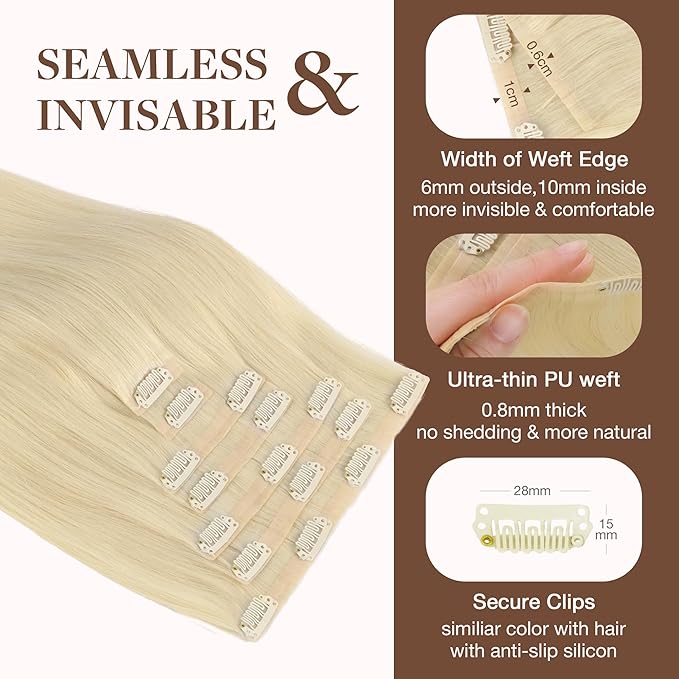GOO GOO Clip in Hair Extensions Real Human Hair, Remy Human Hair Extensions Clip ins for Women, Natural Human Hair, 22inch 160g 7Pcs, #60A Platinum Blonde