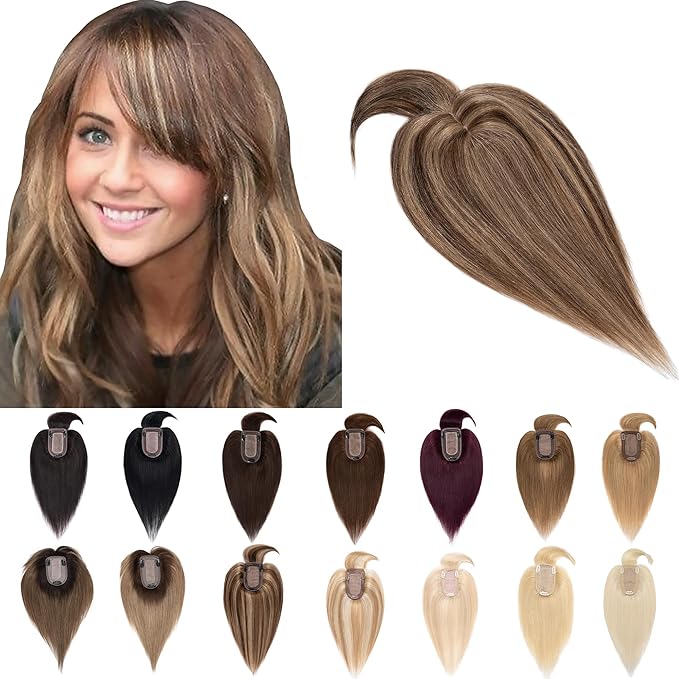SEGO Hair Toppers for Women Real Human Hair With Bangs, 7 * 13CM Silk Base 100% Remy Human Hair Clip in Top Wiglet Hairpieces Add Volume -12 Inch Medium Brown&Dark Blonde