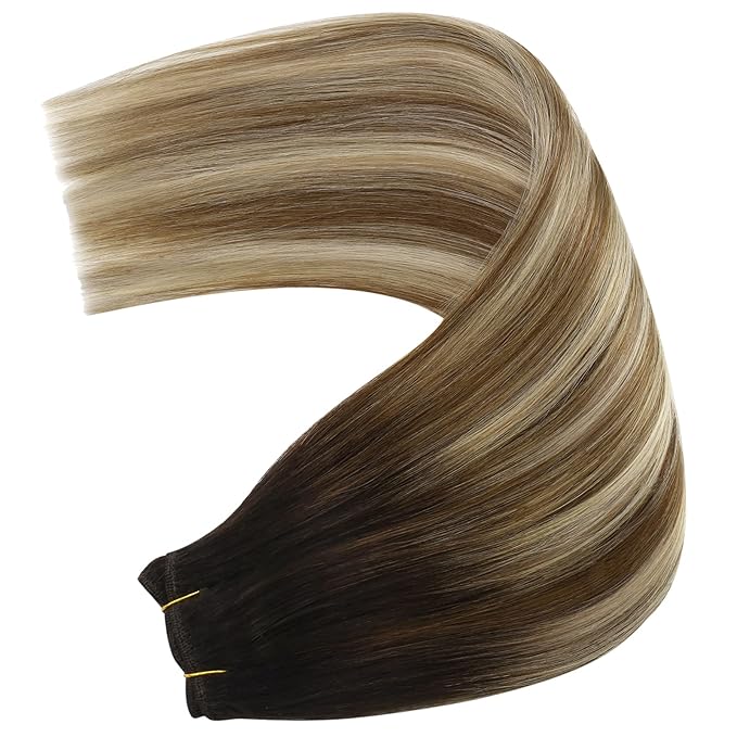 YoungSee 100g Weft Hair Extensions Human Hair Balayage Brown Human Hair Sew in Extensions Darkest Roots to Medium Brown with Blonde Hand Tied Weft Hair Extensions Straight Hair 14inch