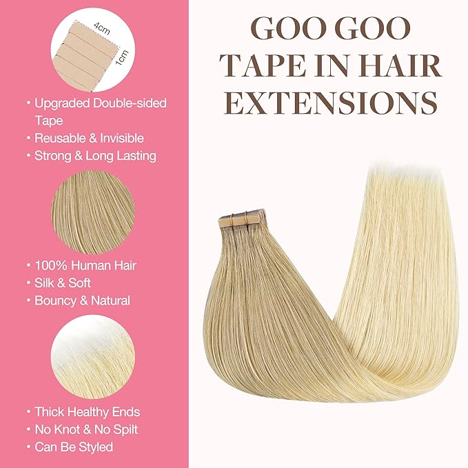 GOO GOO Tape in Hair Extensions Human Hair, O7/60F Ombre Ash Blonde with Frosted Highlights, 22inch 50g 20pcs, Skin Weft Seamless Invisible, Silky Straight with Thick Ends, Remy Human Hair
