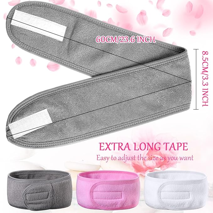 Hoteam 30 Pack Spa Headband Facial Esthetician Hair Wrap for Women Adjustable Makeup Sports Shower Stretch Towel with Tape(Pink, Gray, White)