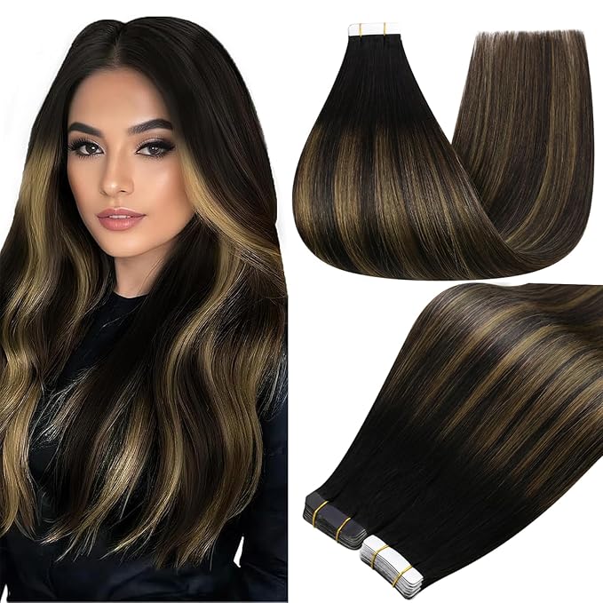 Full Shine Ombre Tape in Extensions Human Hair Color Balayage 1B/6/1B Hair Extensions Tape ins Invisible Tape ins Human Hair Extensions 16 Inch Seamless Straight Extension 50Gram 20Pcs for Party