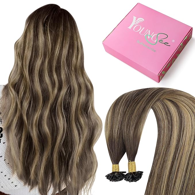 YoungSee Ombre K Tip Hair Extensions Real Human Hair Balayage Brown with Caramel Blonde Natural Hair Extensions Ktips Human Hair for Women 14In 1G/S 50G
