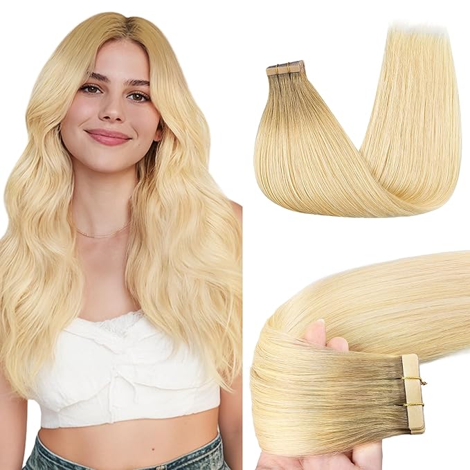 GOO GOO Tape in Hair Extensions Human Hair, R7/60F Rooted Ash Blonde with Frosted Highlights, 20inch 50g 20pcs, Skin Weft Seamless Invisible, Silky Straight with Thick Ends, Remy Human Hair