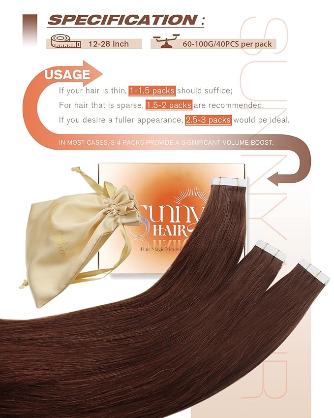 Sunny Hair Tape in Hair Extensions Human Hair, 16inch 40Pcs Auburn Brown Human Hair Tape in Extensions Remy Invisible Tape ins Human Hair Extensions Straight