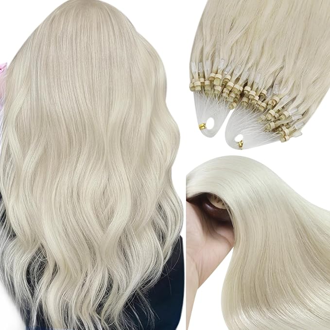 YoungSee Micro Bead Hair Extensions Blonde 14In Microlink Hair Extensions Human Hair Platinum Blonde 50g 50s Micro Ring Hair Extension Blond Beaded Hair Extension Silky Straight for Short Hair