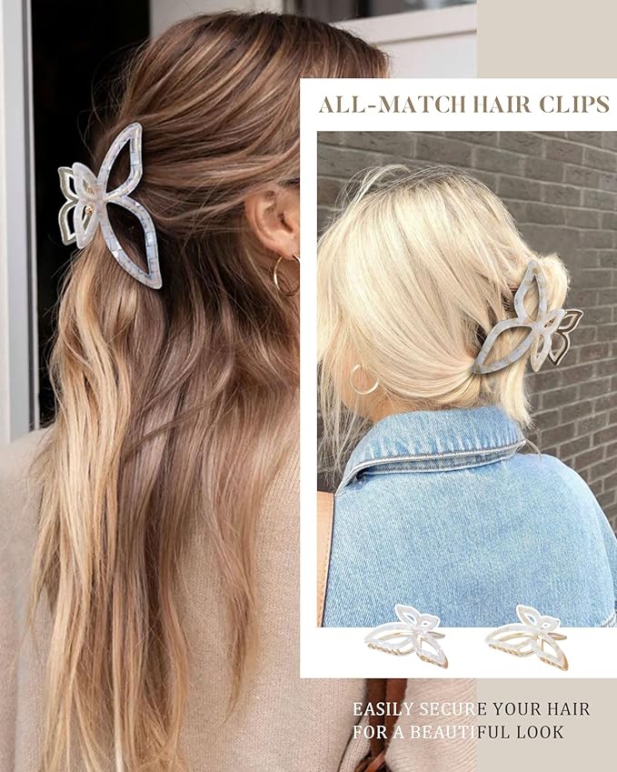 ACECHA 2 Pack Gold Metal Bow Hair Claw Clips for Women, Large Non-slip Butterfly Hairclips for Thin Thick Hair Claws Strong Hold Styling (Checkered)