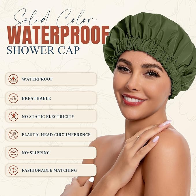 Reusable Shower Cap for Women, Stylish Large Waterproof Shower Bonnet Washable Wide Elastic Band Hair Cap for Long Hair, Braids Bath Hat(Army Green)