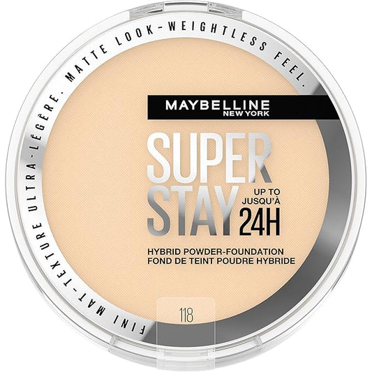 Maybelline Super Stay Up to 24HR Hybrid Powder-Foundation, Medium-to-Full Coverage Makeup, Matte Finish, 118, 1 Count