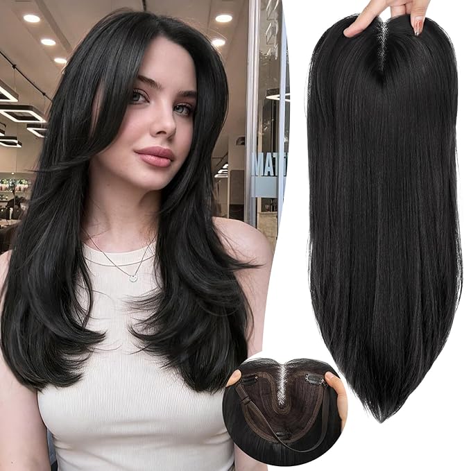 Black Synthetic Hair Toppers for Women with Thinning 3D 360° Cover Clip in Wispy Bangs Upgraded Adjustable Bandage 18 Inch Long Layered