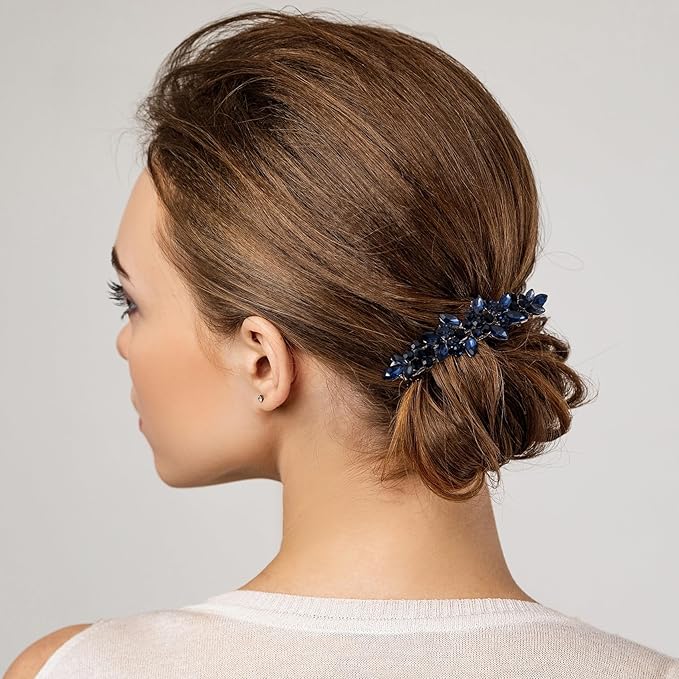 Joez Wonderful Rhinestone Hair Clip Sparkly Crystal Barrettes French Wedding Prom Engagement Pageant First Communion Hair Decorative Accessories for Women Bride Thick Long Hair (Blue, 1 Pcs)