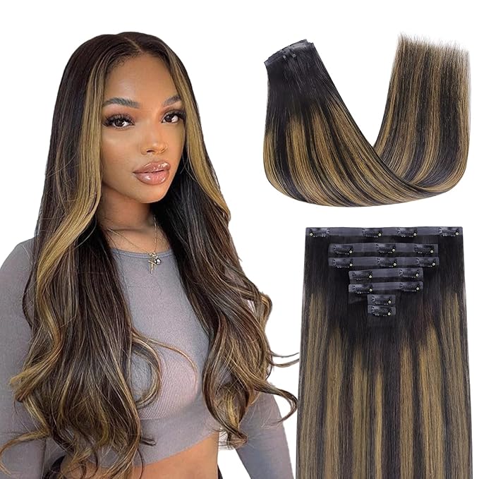 Lashey Seamless Hair Extensions Clip ins Staright 110g Natural Black Mixed Chestnut Brown 20 Inch 7pcs PU Weft Clip in Hair Extensions Real Human Hair with Invisi Edge for Black Women