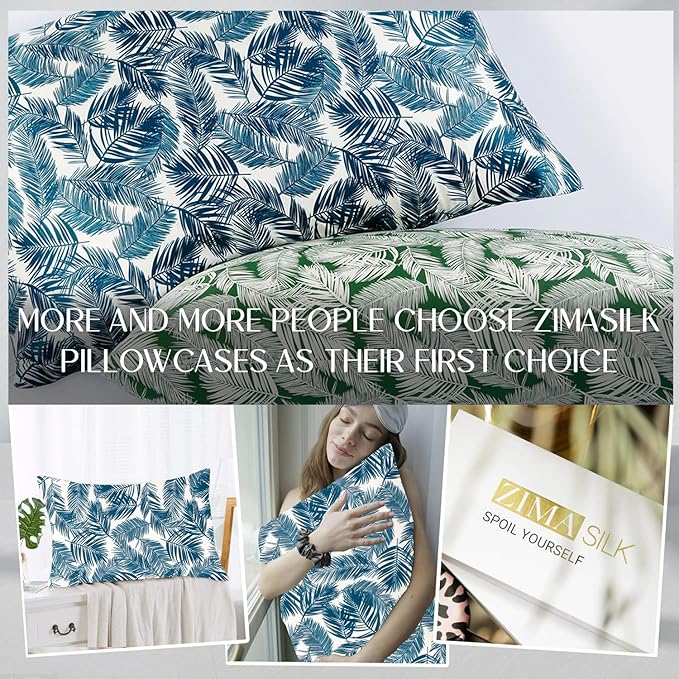 ZIMASILK 100% Pure Mulberry Silk Pillowcase for Hair and Skin Health,Both Sides 19 Momme Silk Floral Print,1pc (King 20''x36'',Blue Leaves)