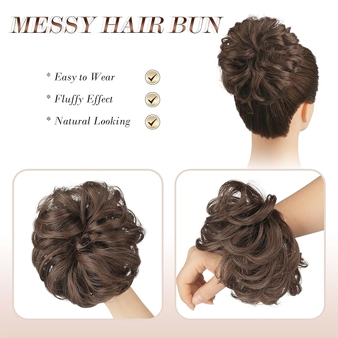 FESHFEN Messy Bun Hair Piece - Elastic Wavy Curly Hair Bun Scrunchies Extensions Synthetic Chignon Hairpieces for Women Girls, Brunette Brown 1.5 oz