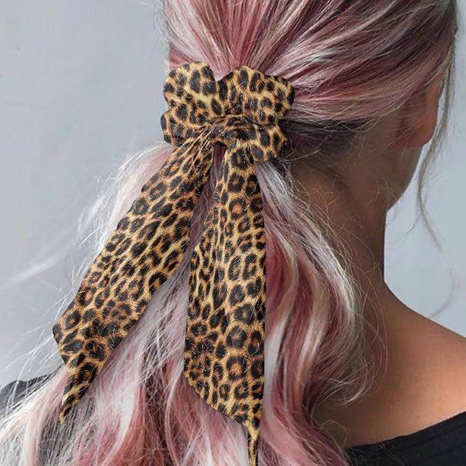 Leopard Print Hair Ties Elastic Ribbon Brown Knotted Bow Scrunchies Lightweight Scraf Scrunchy Stretchy Aesthetic Accessory Pack of 2